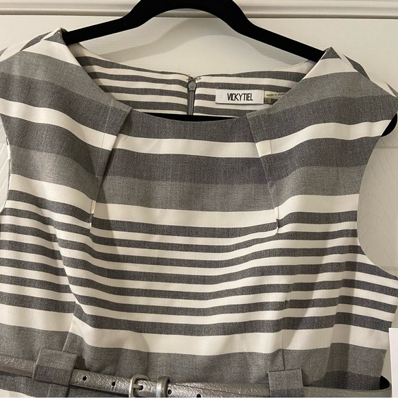 Vicky Tiel Women's Sleeveless Gray/White Sheath Lined Midi Dress NWT Sz 10 - Picture 5 of 12